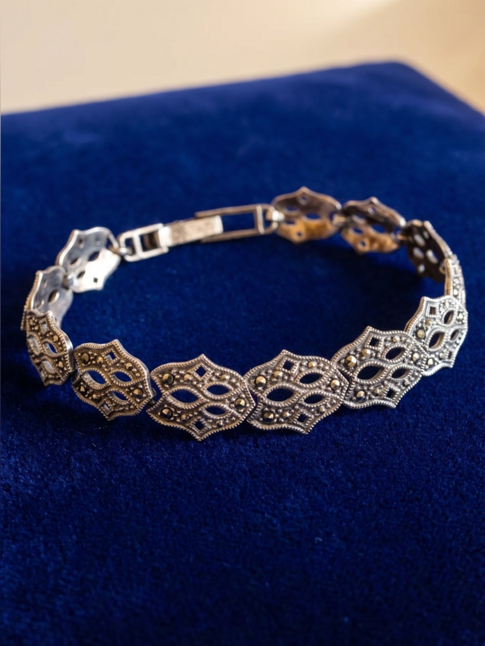 Art Deco Sterling Silver Marcasite Bracelet | Vintage 975 Filigree Panel Link